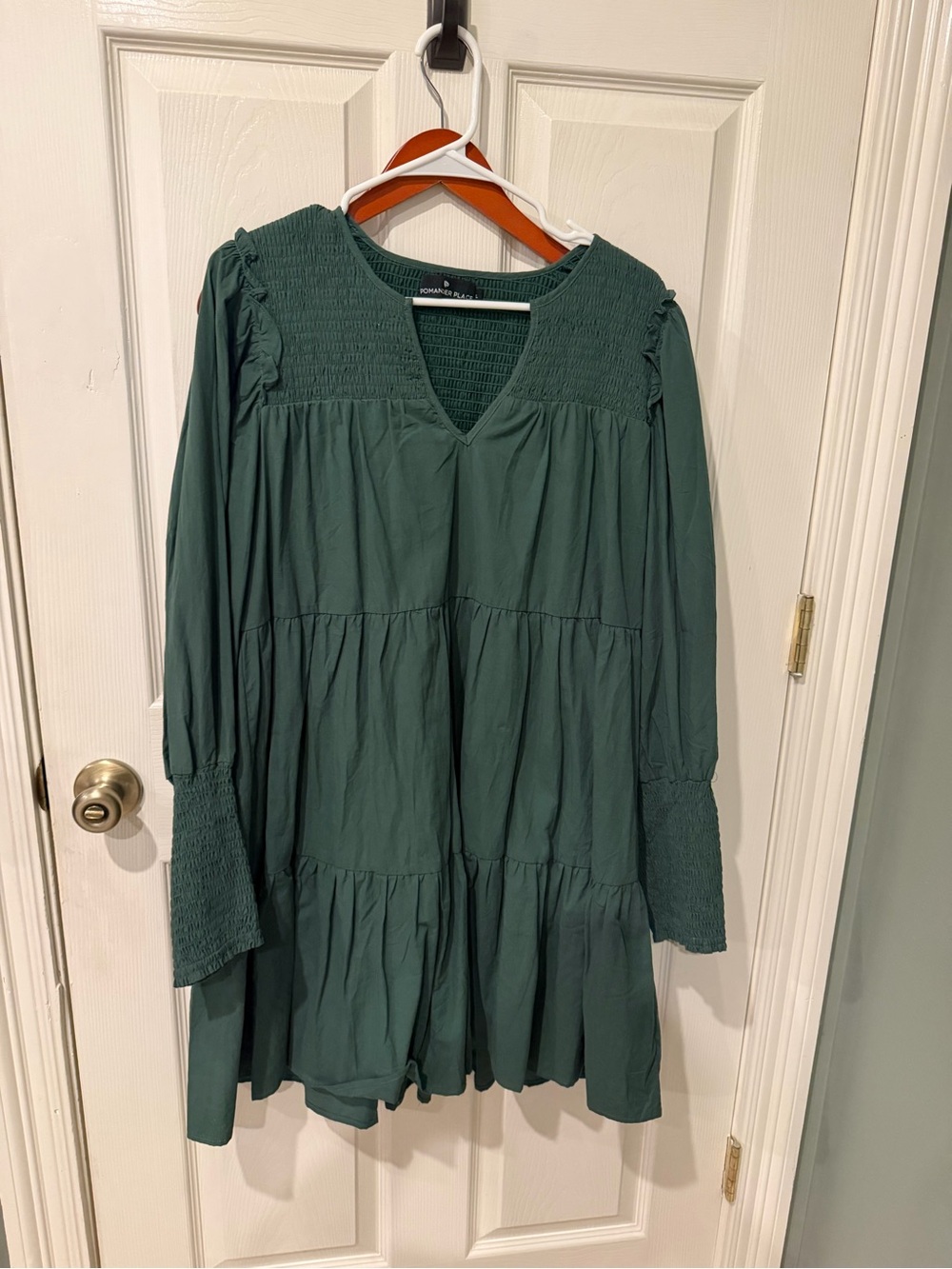 Pomander Place Forest Green Smocked Yoke Tiered Long Sleeve Dress